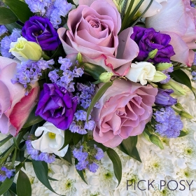 lilac-purple-memory-lane-roses-lisanthus-funeral-posy-pad-delivered-strood-rochester-kent