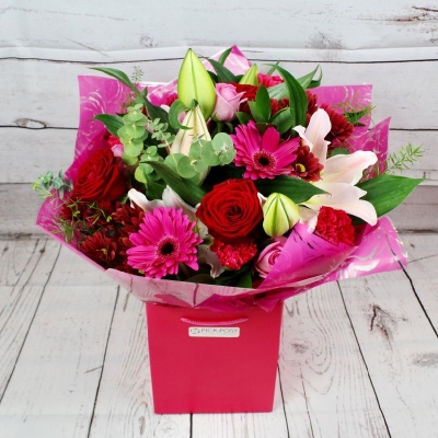 raspberry-love-romantic-handtie-bouquet-red-cerise-pink-lilies-red-roses-delivered-strood-rochester-medway