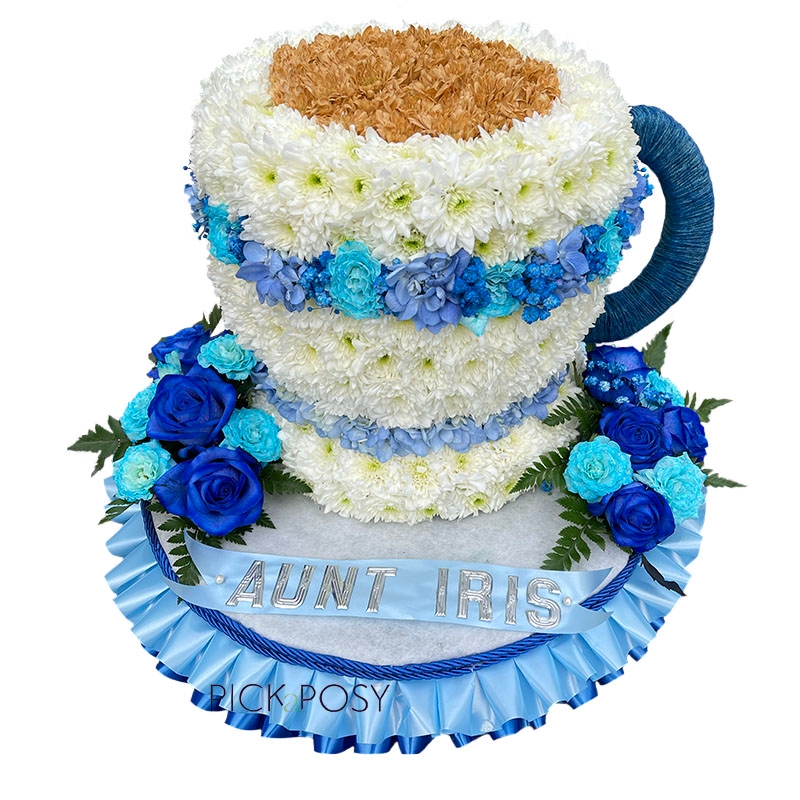 blue-white-tea-cup-saucer-cuppa-brew-funeral-flowers-tribute-delivered-strood-Rochester-Medway