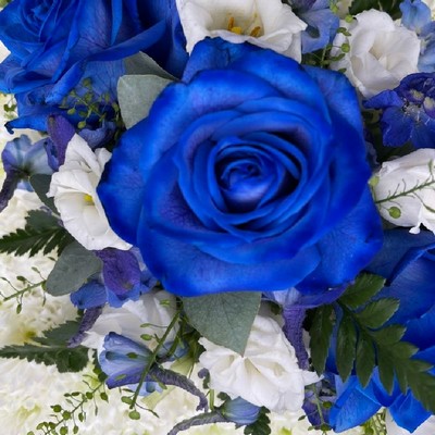 blue-roses-white-cushion-wreath-funeral-flowers-tribute-delivered-strood-rochester-medway