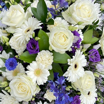 blue-purple-white-casket-coffin-spray-funeral-flowers-tribute-delivered-strood-rochester-medway-kent