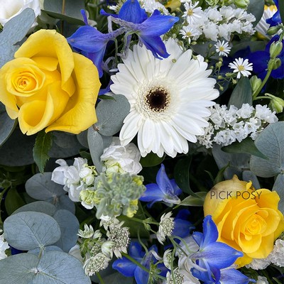 Blue-yellow-white-casket-coffin-spray-tribute-funeral-flowers-delivered-strood-rochester-medway-kent