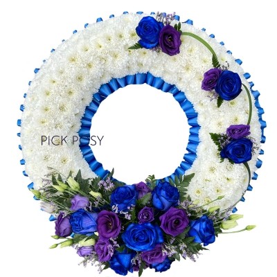 blue-purple-white-wreath-circle-of-life-funeral-flowers-tribute-delivered-strood-rochester-medway-kent