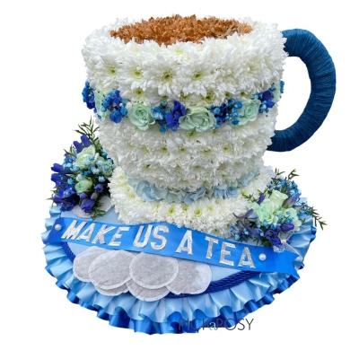 blue-white-tea-cup-saucer-cuppa-brew-funeral-flowers-tribute-delivered-strood-Rochester-Medway