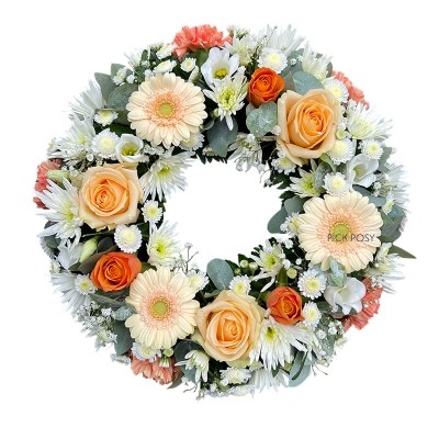 peach-orange-white-wreath-ring-circle-of-life-funeral-flowers-tribute-deliveerd-strood-rochester-medway-kent