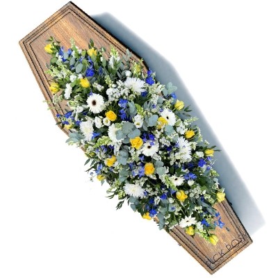 Blue-yellow-white-casket-coffin-spray-tribute-funeral-flowers-delivered-strood-rochester-medway-kent