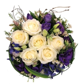 modern-style-white-roses-purple-lisanthus-funeral-posy-pad-delivered-strood-rochester-kent