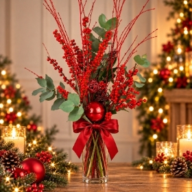 Merry Berry Christmas vase arrangement by PICKaPOSY featuring red ilex berries, decorative red twigs, eucalyptus foliage and festive red baubles.