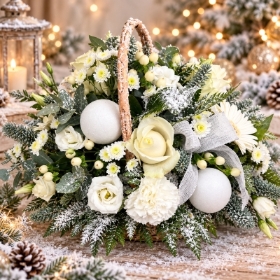 Winter Wonderland Christmas flower basket by PICKaPOSY with white roses, lisianthus, frosted greenery, silver ribbon and white baubles.