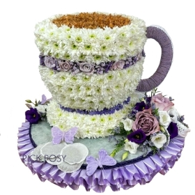 lilac-purple-white-tea-cup-saucer-cuppa-brew-funeral-flowers-tribute-delivered-strood-Rochester-Medway