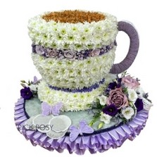 lilac-purple-white-tea-cup-saucer-cuppa-brew-funeral-flowers-tribute-delivered-strood-Rochester-Medway