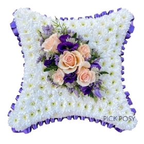 peach-purple-white-based-cushion-funeral-flowers-tribute-deliveerd-strood-rochester-medway