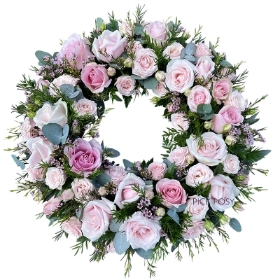 Blush-pink-rose-roses-wreath-ring-circle-of-life-funeral-flowers-tribute-delivered-strood-Rochester-Medway-kent