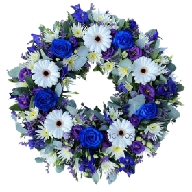 blue-purple-white-wreath-ring-circle-of-life-funeral-flowers-tribute-delivered-strood-rochester-medway-kent-