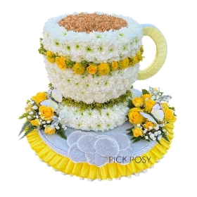 Yellow & White Tea Cup & Saucer Funeral Tribute