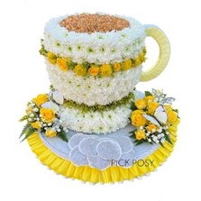 Yellow-white-cup-of-tea-saucer-funeral-flowers-tribute-wreath-delivered-strood-Rochester-Medway-kent