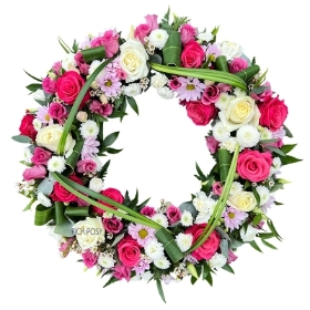 Fuchsis-pink-white-funeral-flowers-wreath-delivered-strood-Rochester-Medway-kent