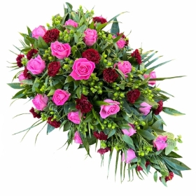 Pink-roses-burgundy-carnations-single-ended-spray-funeral-flowers-tribute-delivered-strood-Rochester-Medway-Kent