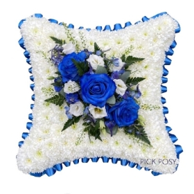 blue-roses-white-cushion-wreath-funeral-flowers-tribute-delivered-strood-rochester-medway