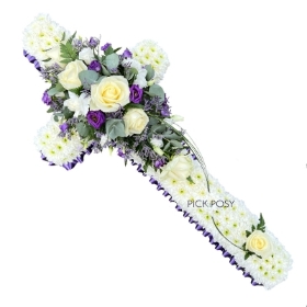 Purple-white-based-funeral-cross-wreath-flowers-delivered-strood-rochester-medway-kent