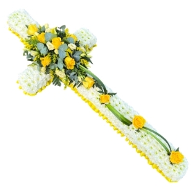 yellow-white-based-funeral-cross-wreath-flowers-delivered-strood-rochester-medway-kent