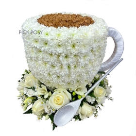 white-tea-cup-saucer-cuppa-brew-funeral-flowers-tribute-delivered-strood-Rochester-Medway-kent
