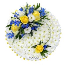 yellow-roses-delphiniums-funeral-posy-pad-delivered-strood-rochester-kent